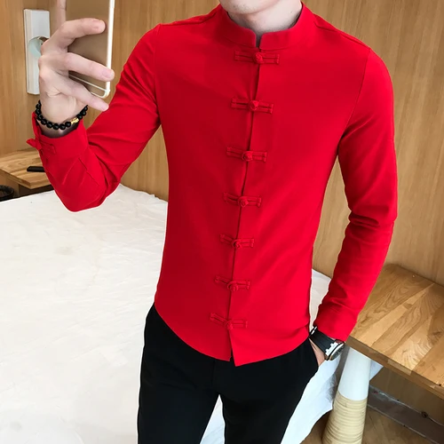 Китайский стиль Slim Fit Мужские рубашки деловая повседневная одежда рубашка хлопок удобный Тан костюм с пряжкой Мужская рубашка с длинными рукавами - Цвет: Red