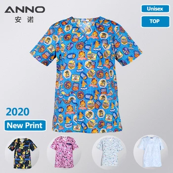 

ANNO New Print Medical Scrubs Women Men hospital clothing tops in cotton nursing uniforms Beautu Salon dental Work Shirt