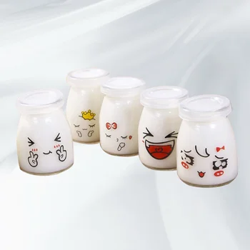 

5pcs 150ml Cute Face Pudding Bottle Glass Heat-resistant Yogurt Containers Milk Cup Jelly Jar (Random Pattern)
