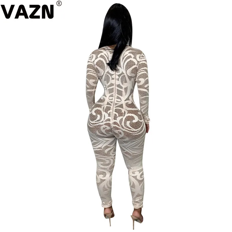 VAZN New arrival spring sexy lady white skinny jumpsuit full sleeve zipper fly print jumpsuit lady high street new jumpsuit