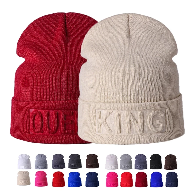 

New Winter Hat King Queen Beanies Fashion Hip Hop Couples Cap Casual Solid Hat Men Woman Warm Knitted Beanie Ski Skullies Bonnet