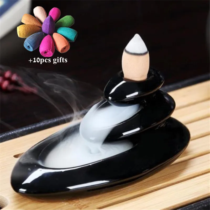 Ceramic Retro Ceramic Backflow Incense Burner Waterfall Censer Incense Holder Aromatherapy Furnace Home Decoration+ 10pcs Cones - Цвет: With 10pcs mixed-22