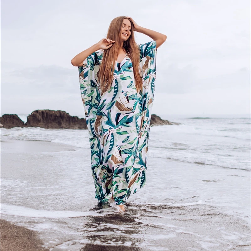 Greek Caftan Oversized Leaf pattern Long dress Bohemian Beach swimsuits  coverup Kaftan Batwing loose comfy cotton Oasis tropical - AliExpress