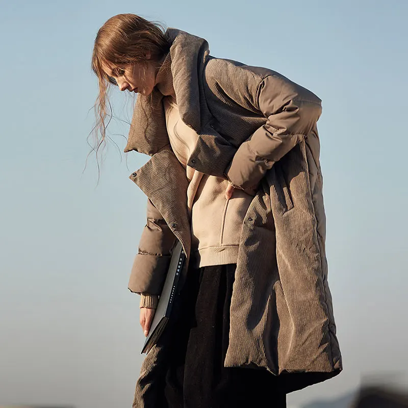 Зимний вельветовый пуховик женский винтажный воротник-стойка Зимний пуховик мода плюс размер Толстая теплая куртка Женская 35