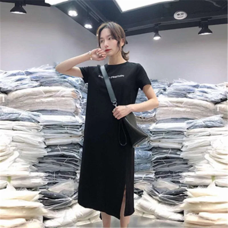 

2019 summer short-sleeved dress women's casual cover belly large size loose long section over the knees bottom dress robes femal