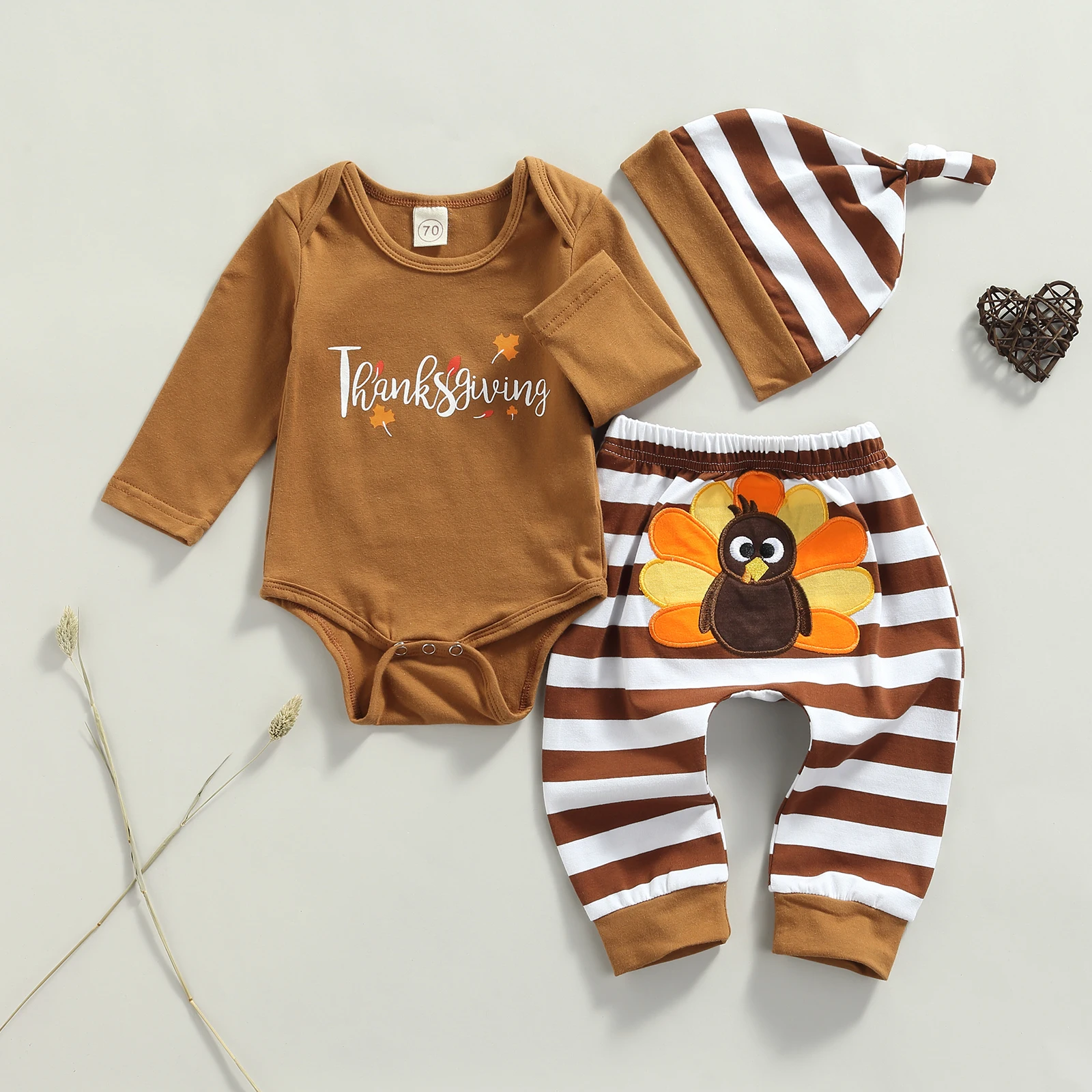 -07-02 Lioraitiin 0-18M Infant Baby Girl Boy 3Pcs Thanksgiving Day Outfits Long Sleeve Letter Print Romper Turkey Pants Hat