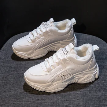 

SWONCO Plus Velvet Warm Shoes Women Winter White Sneakers Platform 2019 Female Casual Shoes Chunky Heel Snow Shoes Sneakers