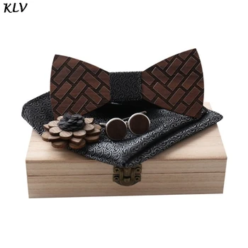 

Simple Fashion Brooch Bow Tie Hanky Cufflinks Set Wooden Corsage Men Women Wedding Party Dating Jewelry