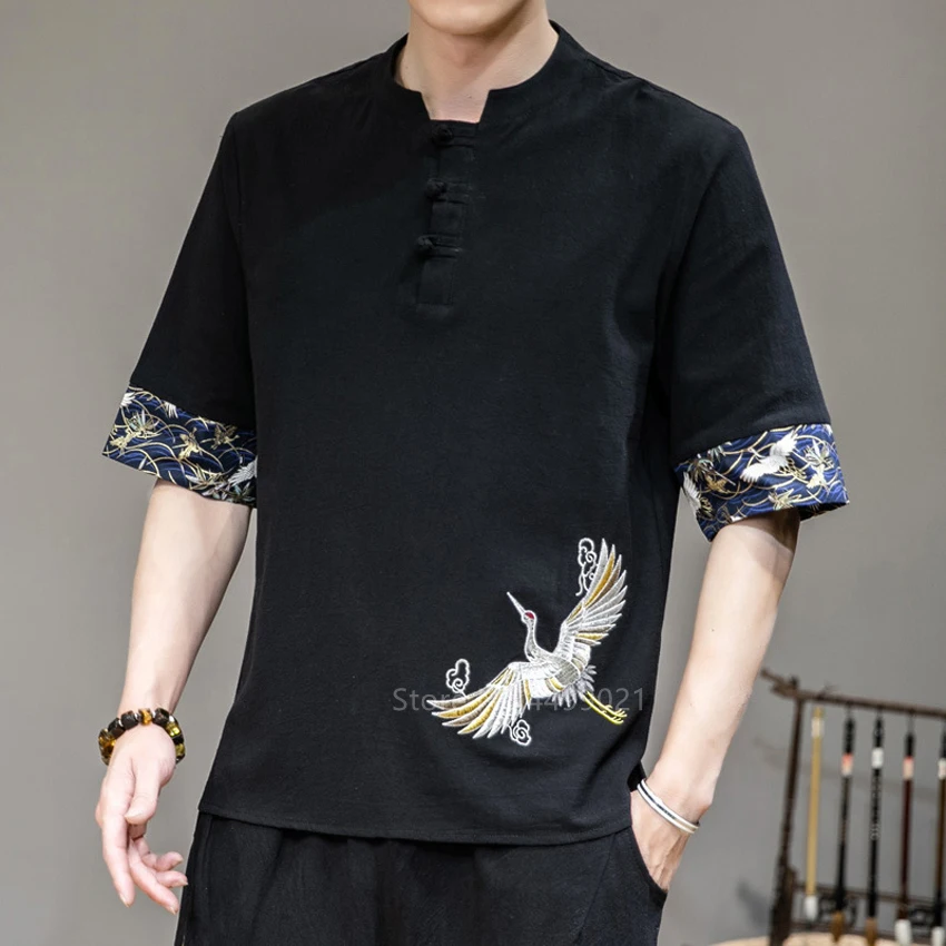 Chinese Traditional Linen Clothes Summer Men Crane Embroidery Print Patchwork Harajuku Asian Fashion Casual Streetwear Top Shirt