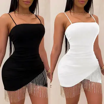 

Hirigin 2020 Women Summer Sexy Sleeveless Tassel Evening Party Club Sparkling Bodycon Short Dress Black Bandage Mesh Vestidos