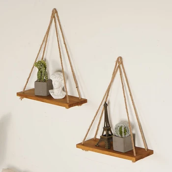 

2pcs Display Shelves Simple Wooden Creative Wall Floating Shelf Swing Rope Shelves Decor Shelf for Bathroom Kitchen Living Room