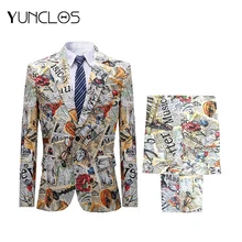 YUNCLOS, мужские костюмы из 2 предметов, цветная куртка с принтом, брюки, вечерние, с одной пряжкой, мужские костюмы, Tuexdo Traje Slim Fit Hombre, модные, граффити