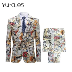 YUNCLOS Men 2 pcs Suits Colorful Printing Jacket Pants Party One Buckle Men Suit Tuexdo Traje Slim Fit Hombre Fashion Graffiti
