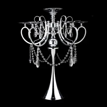 

Candelabra 5 Arm Pillar Metal Candle Holder With Hanging Crystal Drops Wedding party Table Centerpieces