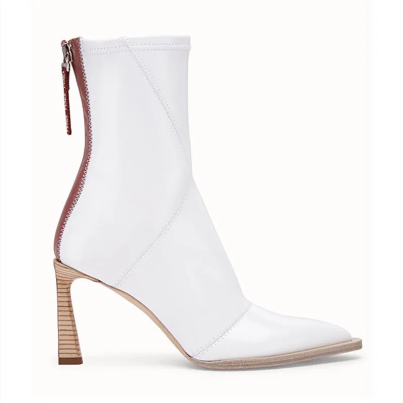 

New PU Women Ankle Boots Pointed Toe High Heels Spring Stretch Boots Women Metal Zip Solid Color Female Shoes Botas Mujer