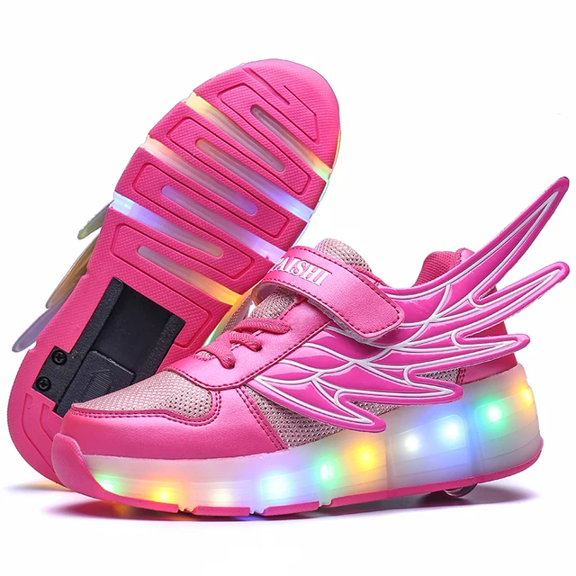 US $13.11 Blue Pink Black USB Charging Fashion Girls Boys LED Light Roller Skate Shoes For Children Kids Snea