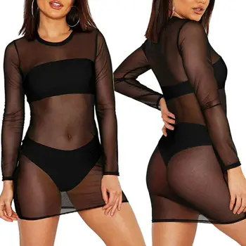 

Sexy Women Mesh Sheer Bikini Beachwear Solid Cover Up Swimsuit Dress Hot Sale Summer Bathing Suit