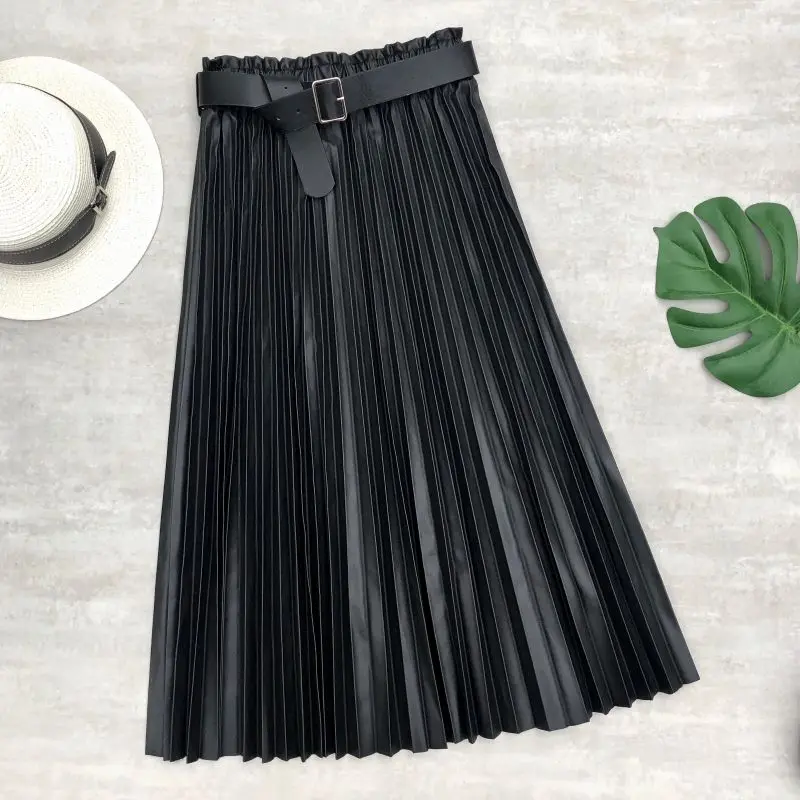 Neophil Women PU Faux Leather Runched Belt Skirts Paperbag Bud Waist Wavy Pleated Latex Crinkle Female Winter Long Skirt S21803