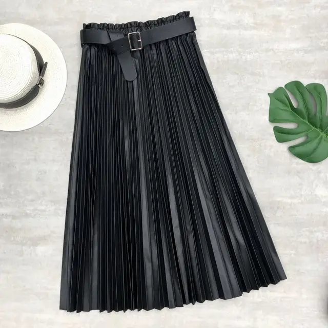 Neophil Women PU Faux Leather Runched Belt Skirts Paperbag Bud Waist Wavy Pleated Latex Crinkle Female Winter Long Skirt S21803 black
