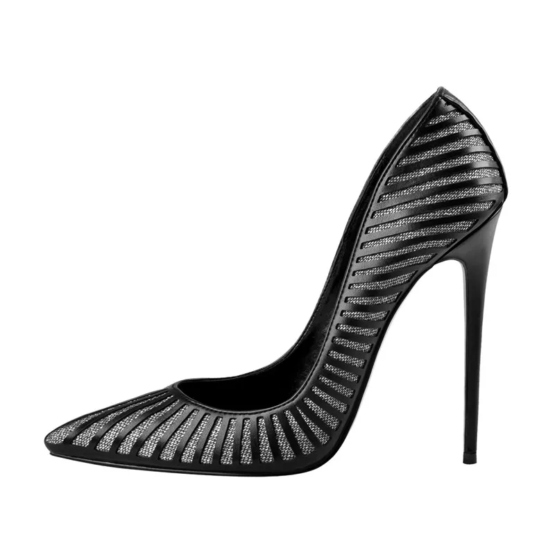 Onlymaker/женские туфли-лодочки на высоком каблуке 12 см, с острым носком, без застежки, на шпильке вечерние офисная Классическая обувь в полоску, большие размеры US5-15 - Цвет: Y8933A