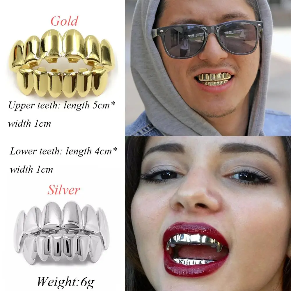 

Hip-hop Gold Teeth Fangs Flat Teeth Top&Bottom 8 Teeth Grills Dental Cosplay Vampire Tooth Caps Festival Jewellry Gift