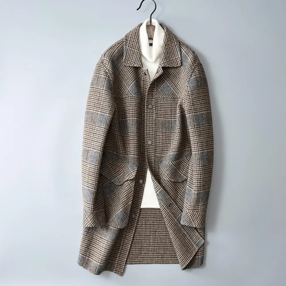 

Top Quality Material Wool Men's Long Coat Autumn Winter Overcoat Jacket Plaid Design Woolen Peacoat Mans trench coat#1967