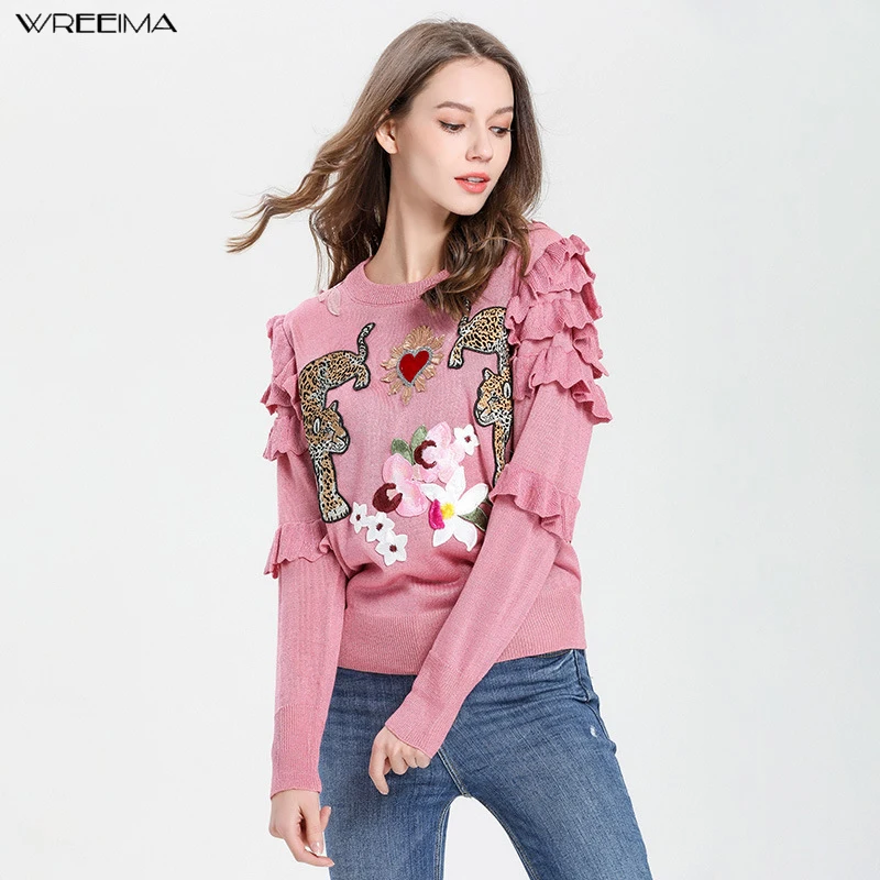 

wreeima Floral And Tiger Embroidered Ruffles Sweater Womem Winter Patched knitted Pullover 2019 Casual Vintage Sweaters Jumper