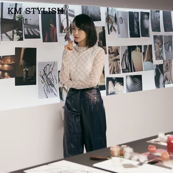 

KM Stylish 2019 Autumn New Women Long-sleeve Lace Shirt Hollow Out Plaid Casual Blouse Female Turn-down Collar Patchwork Top