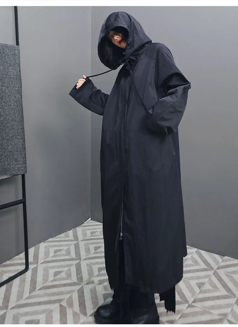 XITAO тонкий плащ большого размера Женская мода широкий пояс с капюшоном воротник черный длинный карман шнурок элегантный осеннее пальто WQR1737
