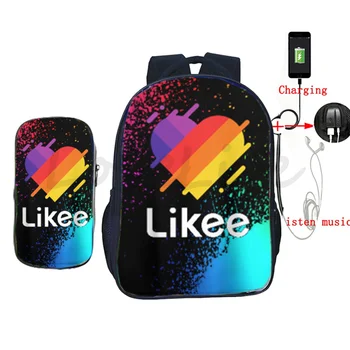 

2PCs Set USB charging Backpack Likee Video APP Color pattern rucksack boys girls Students Cartoon Cat Print Backpack/Pen Bag