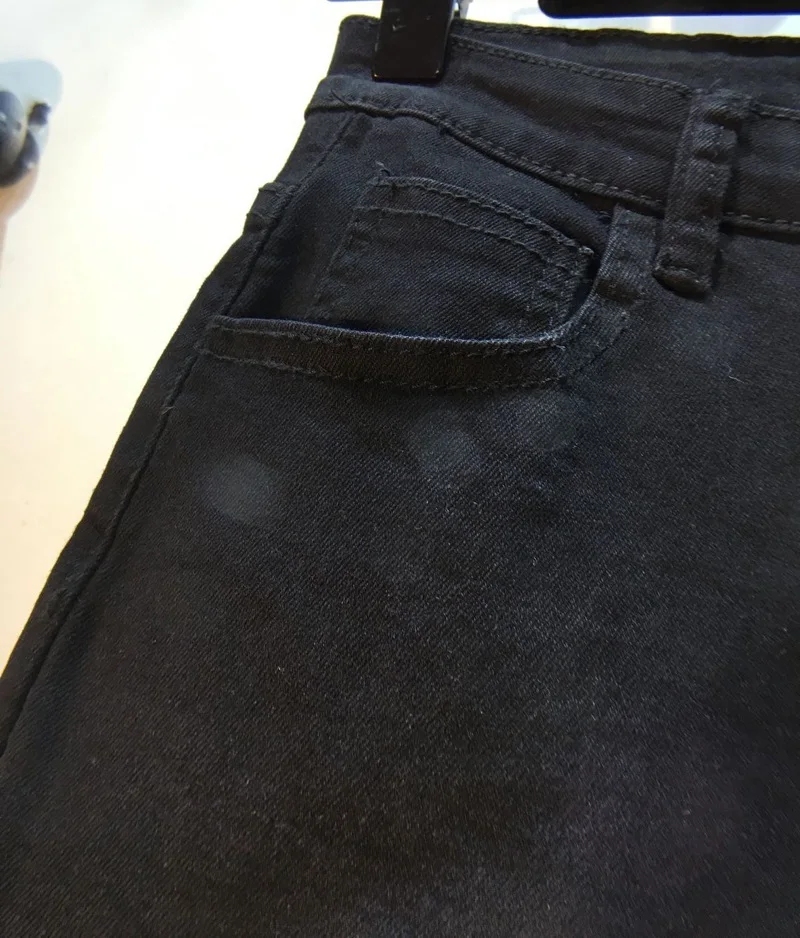 Women autumn elastic denim flare pants black solid diamonds striped ankle length slim jeans ladies high waist Rhinestone trouser