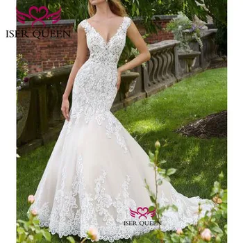 

Embroidered Lace on Net Sexy V-neck Mermaid Wedding Dresses Button Illusion Court Train 2020 Vestidos Para Boda Civil W0651