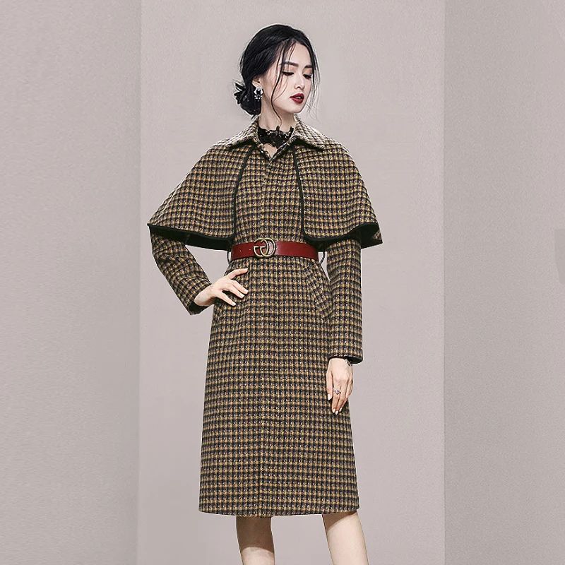 white puffer coat 2022 Winter New French Fashion Elegant Houndstooth Woolen Coat Lapel Removable Cape-Type Temperament Retro Warm Wool Long Coat long down coat