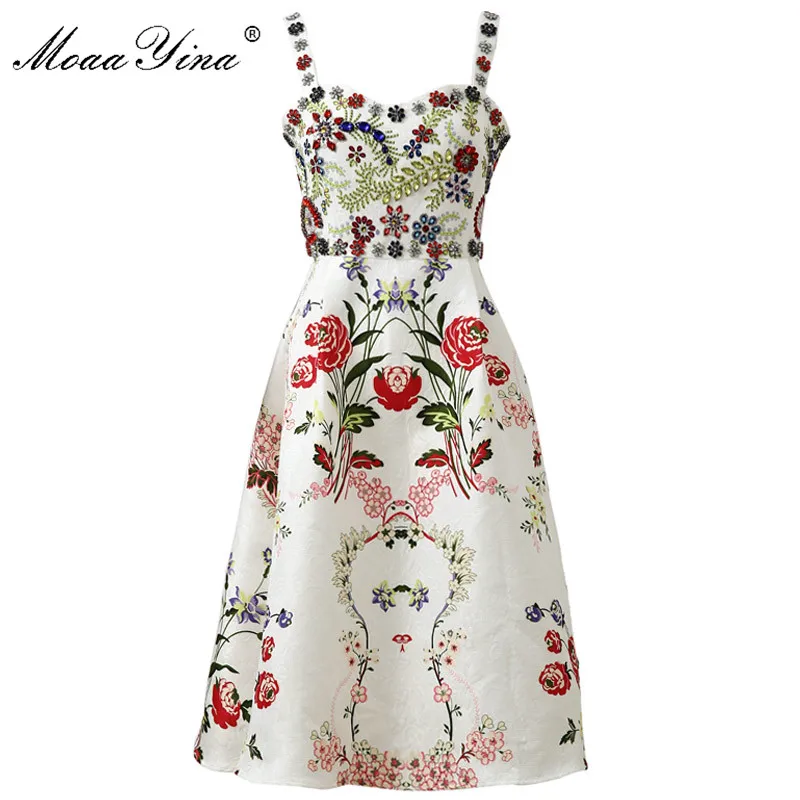 

MoaaYina Fashion Designer Dress Summer Women Spaghetti strap Diamond Floral Print Dress