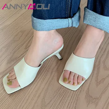 

ANNYMOLI Real Leather High Heel Slides Women Slippers Square Toe Block Heel Lady Shoes Summer Causal Sandals Green Plus Size 40