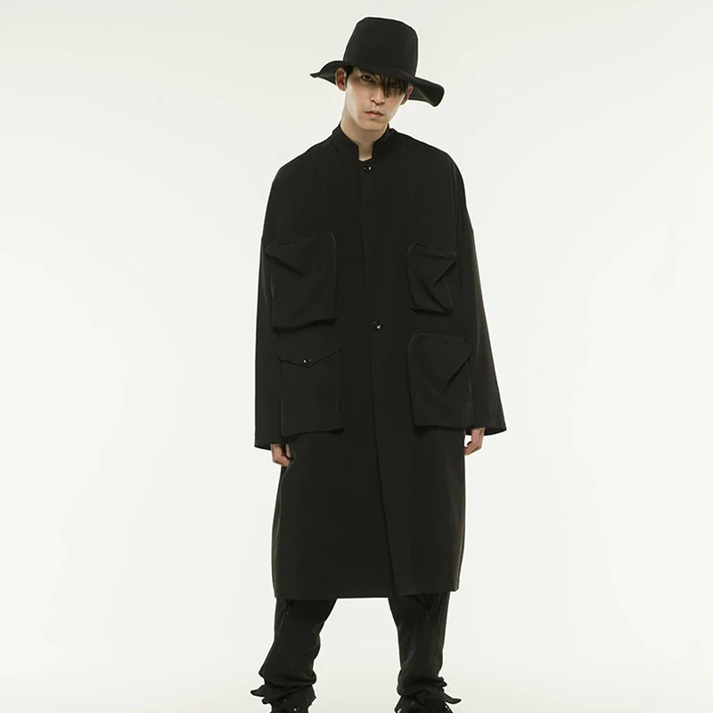 S~ 6XL! Настраиваемая новая мужская одежда модное сценическое шоу Yamamoto с капюшоном свободный оверсайз рукав летучая мышь плащ пальто - Цвет: Black