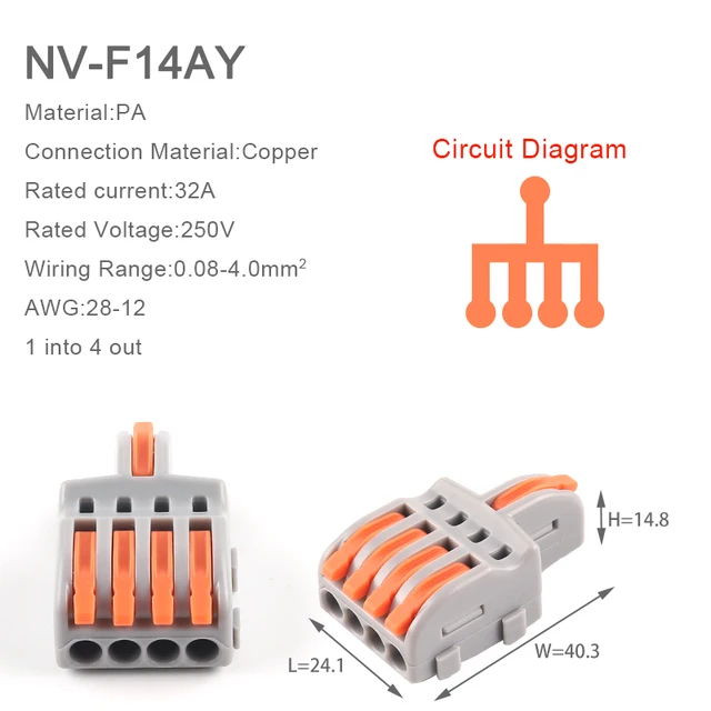 5PCS 1 in multiple out Splitter plug-in Quick Wire Connectors Combined Butt Parallel Terminals With Lever For Junction Box 5PCS NV-F14AO