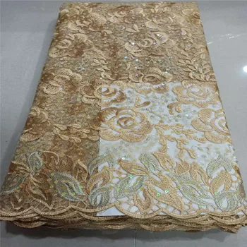 

Gold African 3d flower lace fabric 2019 embroidered tulle french sequins lace high quality Swiss cord mesh Nigerian laces fabric