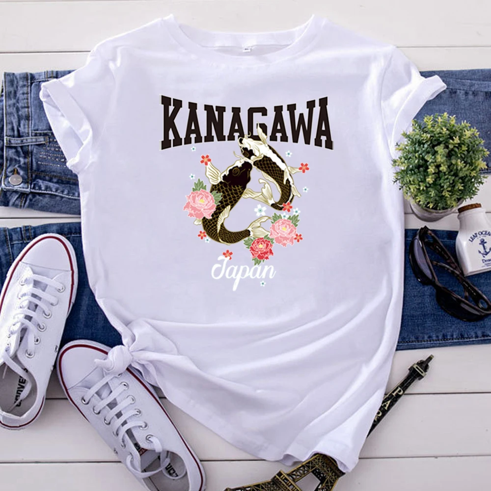T Shirts Japanese Auspicious Fish Peony Printing Woman T Shirts Gothic Crewneck Short Sleeve Kawaii Vintage T-Shirts For Women