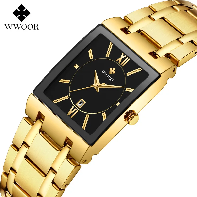 

WWOOR High Quality Square Men's Business Watch Quartz Fashion Stainless Steel Man Watches Calendar Wristwatch For Men