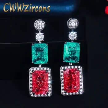 

CWWZircons Princess Cut Red Blue Cubic Zirconia Crystal Dangle Drop Long Vintage Wedding Earrings for Brides Party Jewelry CZ758