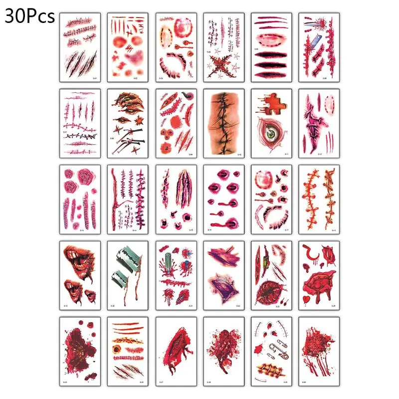 30Pcs/Set Temporary Tattoo Stickers Halloween Zombie Vampire Scars Pattern Paste Sticker Festival Cosplay Costume Makeup Props