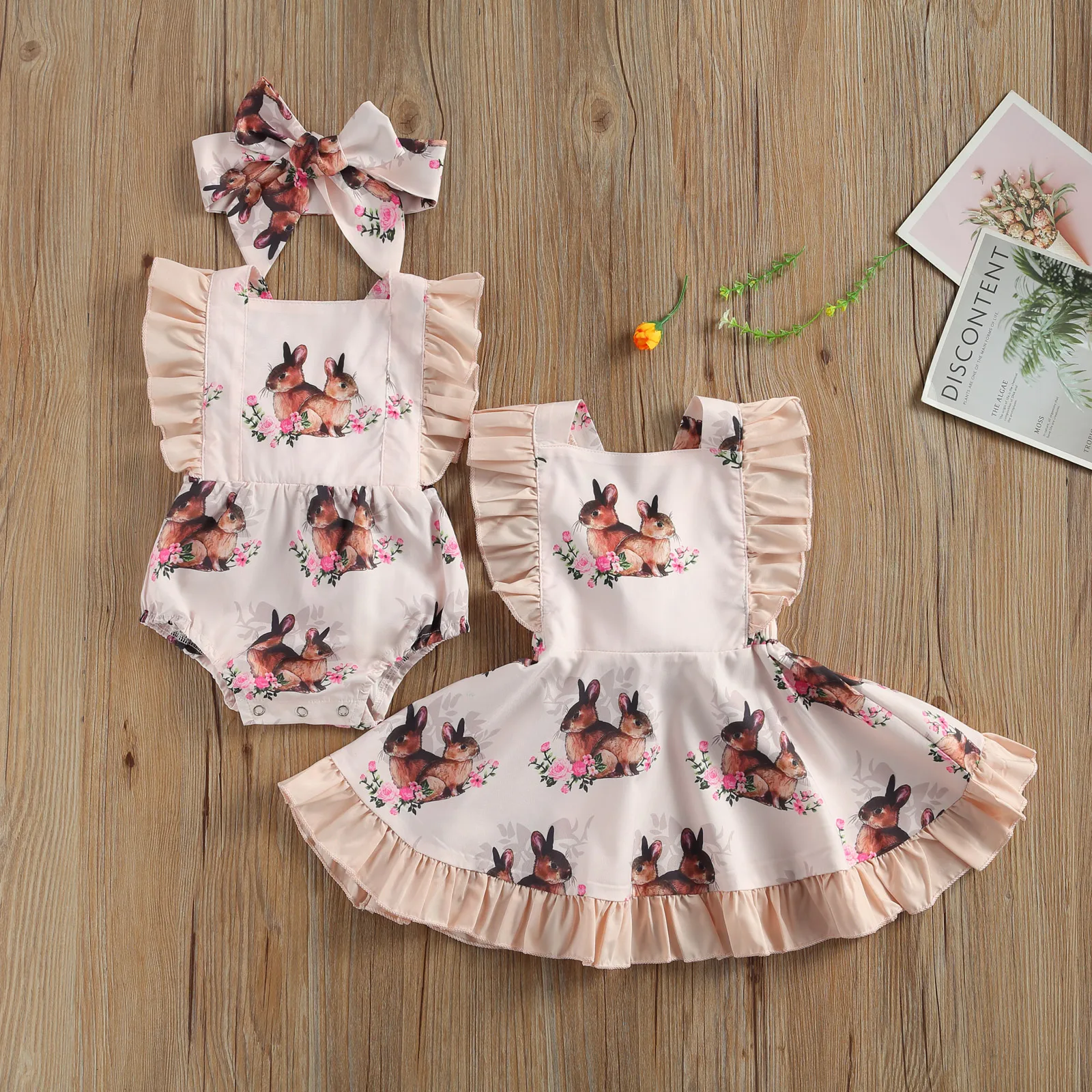 Ropa de verano para Hermanas, Pelele de Pascua para niños y niñas, Impresión de caricatura de conejo, monos de manga con volantes, diadema para 0-5 años