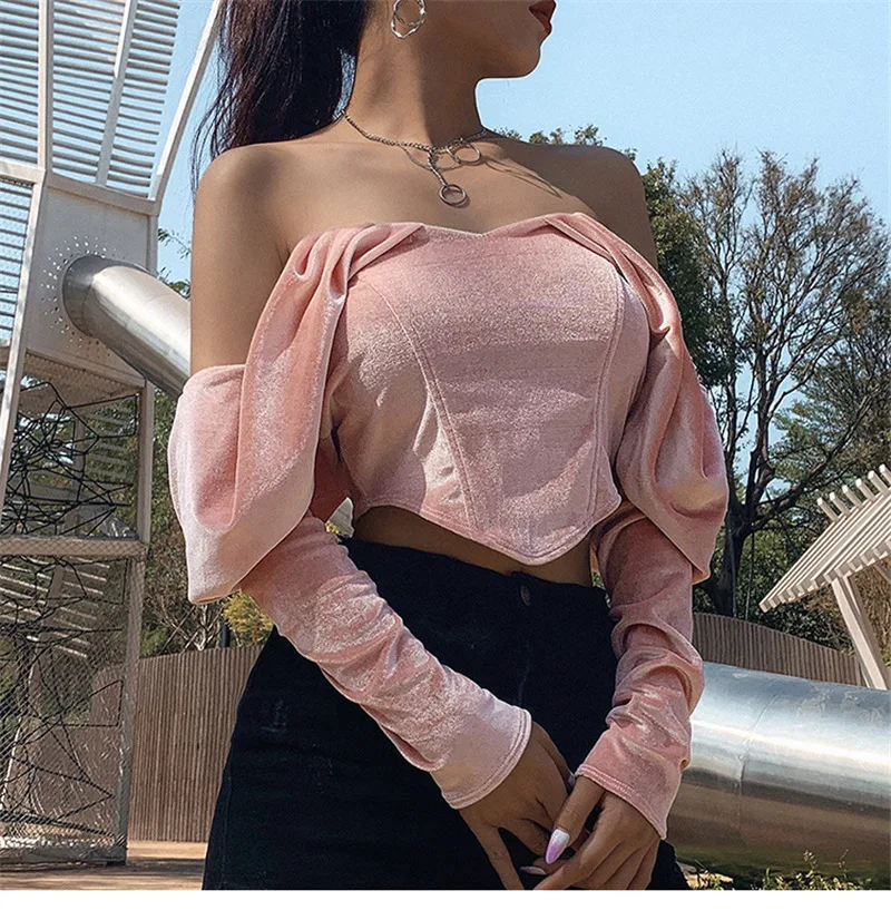 Women's Pink Off-shoulder Top Long-sleeved V-neck Low-cut Short T-shirt Sexy Halter Ladies Party Night Club Wear