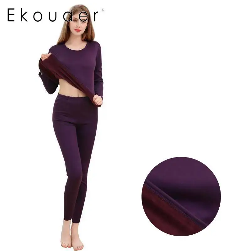 

Ekouaer New Long Johns Sets Women Thermal Underwear O-Neck Long Sleeve Fleece Thicken Thermal Winter Underwear Set