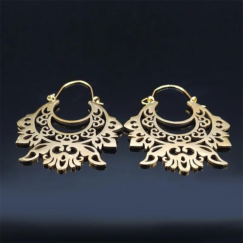 Bohemia Edelstahl Indien Blumen Creolen für Damen, Goldfarben, Große Runde Ohrringe mit Exklusivem Design, Modische Boho-Schmuckstücke – Detail 3