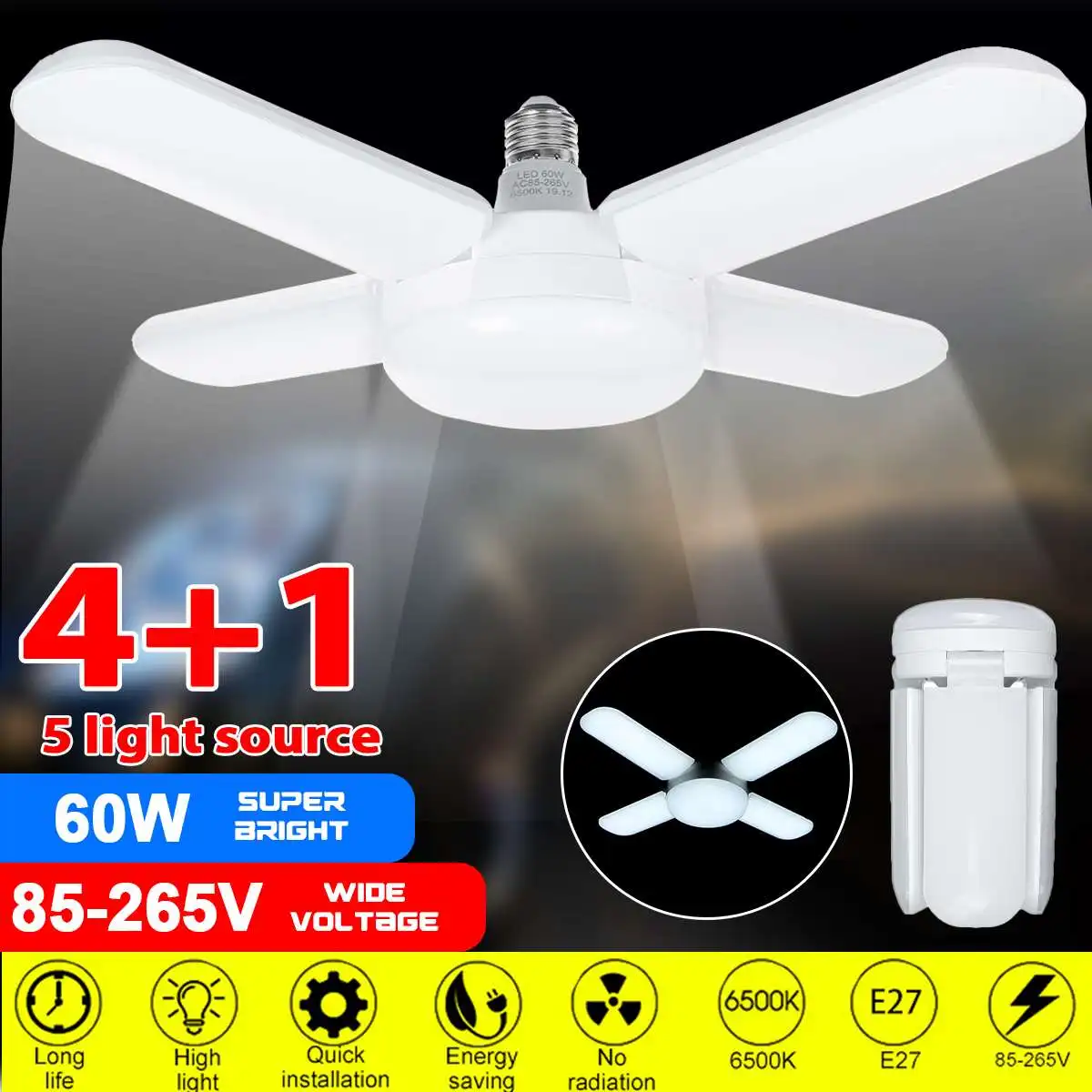 

4 In 1 Super Bright Industrial Lighting 60W E27 Led Fan Garage Light 4000LM 85-265V Led High Bay Industrial Lamp for Workshop