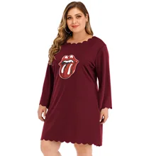 Платье большого размера с волнистым краем, расшитое пайетками и принтом губ, свободное Повседневное платье для женщин 191137