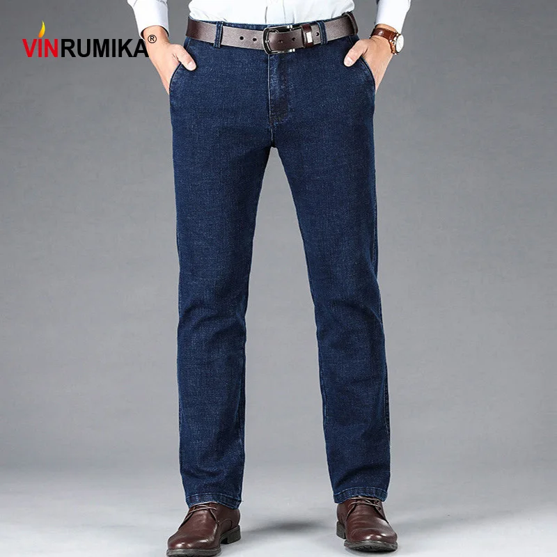 

2022 Spring Middle Aged Men's Casual Brand Straight Jeans Autumn Male Cotton Denim Blue Thick Pants Black Cowboy Long Trousers