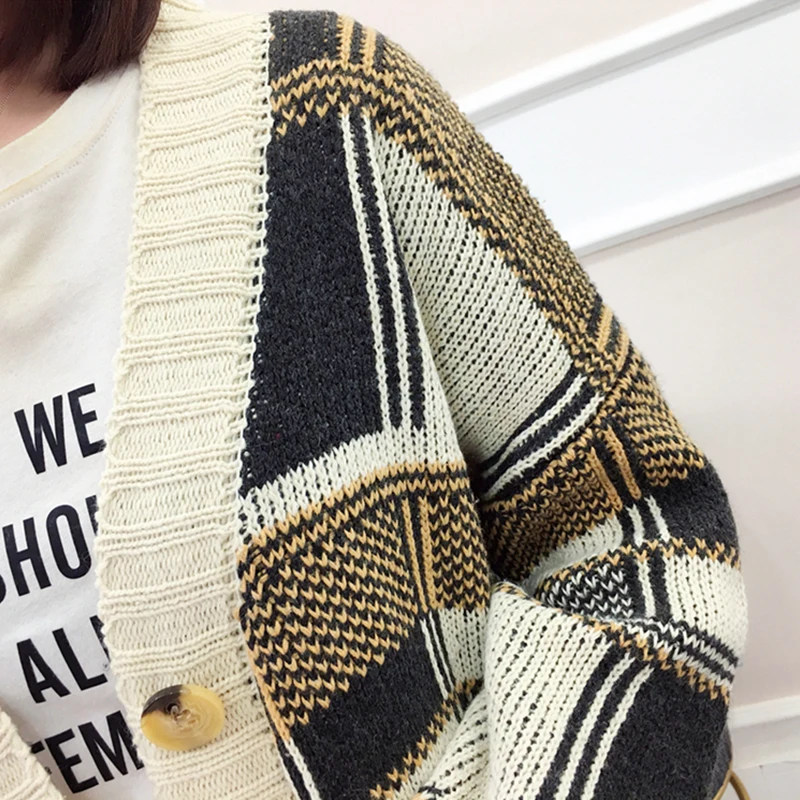 Вязаный свитер для женщин хлопок Повседневный Harajuku кардиганы куртка осень зима длинный рукав Свободные топы шерсть плед карман кнопка
